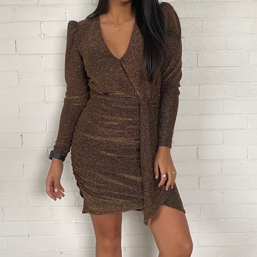 Sparkle Metallic Bronze Long Sleeve Dress